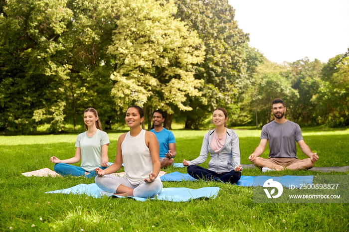 fitness, sport, yoga and healthy lifestyle concept - group of people meditating in lotus pose at summer park