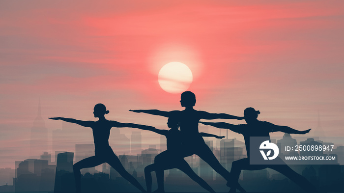 silhouette background of group of people having yoga workout outdoors with background of cityscape and sunset sky