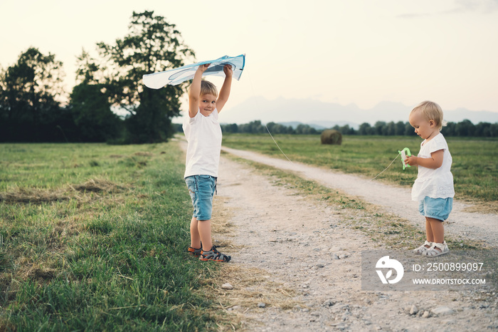 Children playing with kite on nature in countryside.