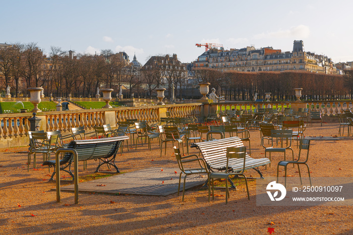 Chairs of Luxembourg Gardens . Empty Benches of French Park