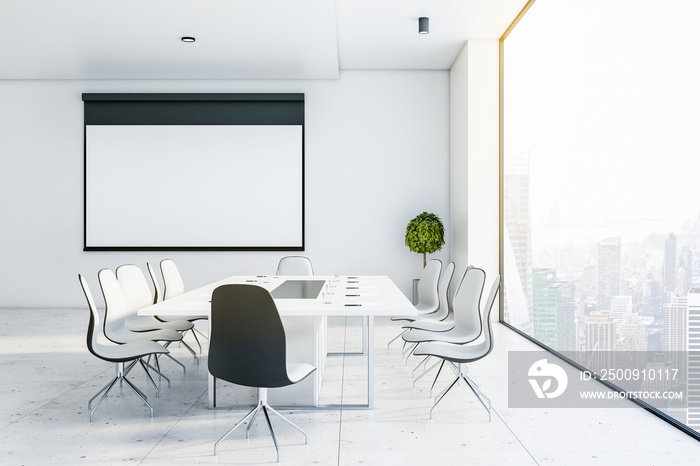 Blank white training board on light wall in stylish conference room with skyscrapers view from glass