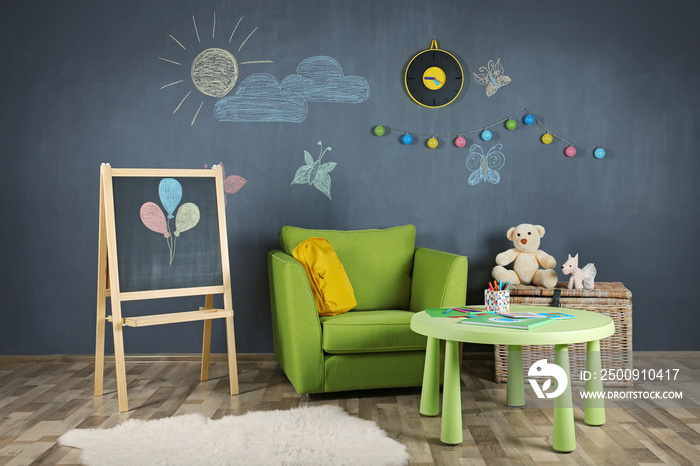 Interior of colorful playing room for kids