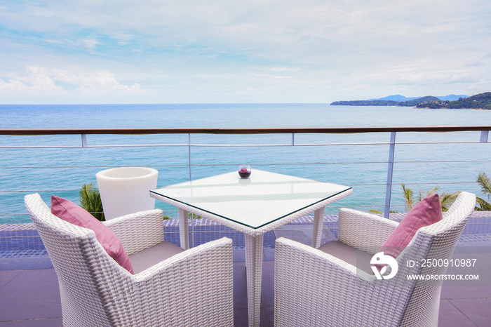 Tables on the balcony in a sea view hotel