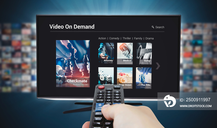 VOD - Video On Demand service. Television streaming.