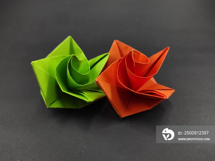 Two colored origami rose petals isolated on black background, Not Focus