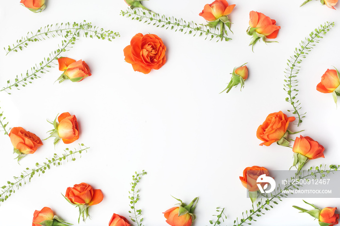 Framework from orange roses on white background. Flat lay. Top view