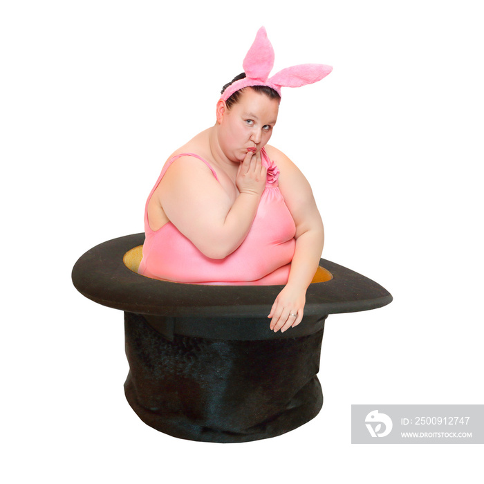 Valentine surprise. Bizarre rabbit in magician hat. Overweight woman have a fun. Isolated object on 