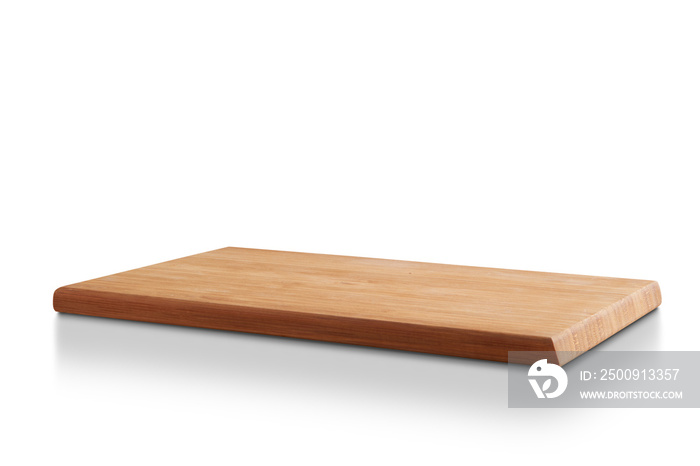 new rectangular wooden cutting board, in top of wooden table with a minimalistic limbo background