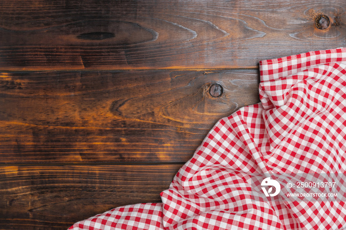 Flat lay, top view. Background of menu for the restaurant, copy space. Fabric red and white cover on