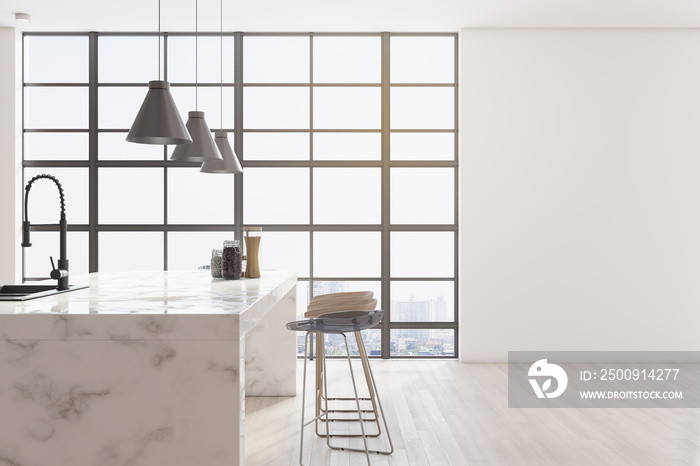 Modern kitchen interior with island, marble, window with city view and mockup place on concrete wall