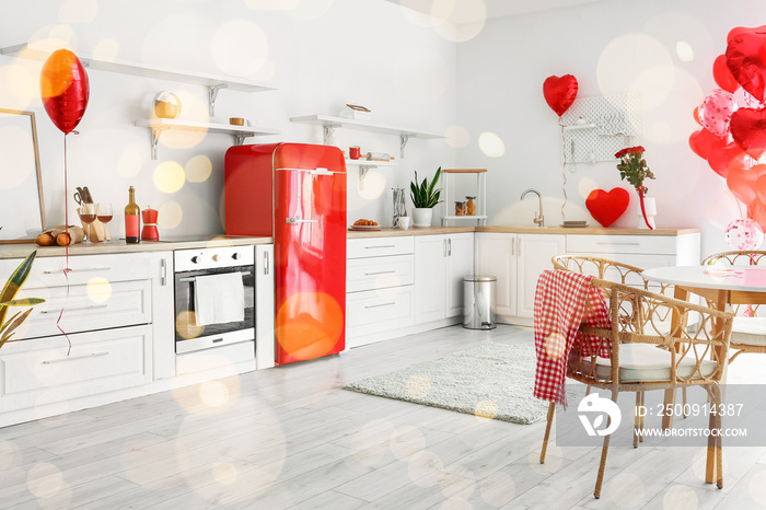 Interior of light modern kitchen decorated for Valentines Day