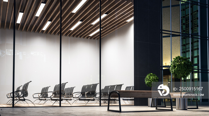 Empty modern conference room with black furniture and wooden ceiling in the night.