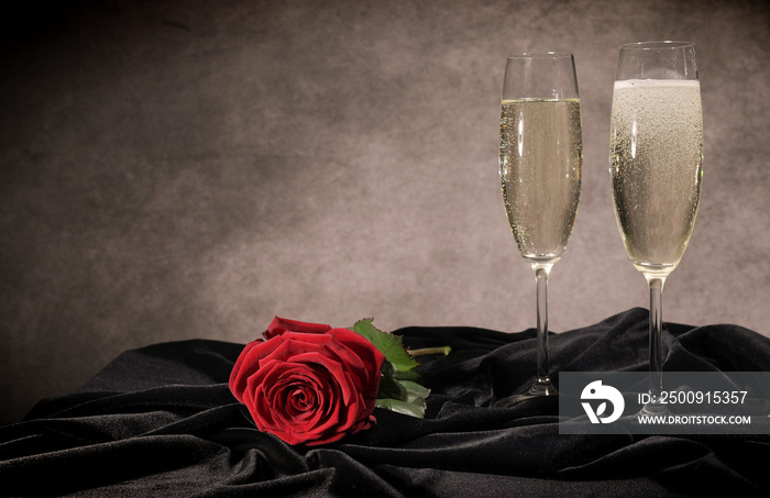 Sparkling wine and red roses in close-up - studio photography