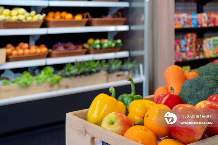 vegetable fruits  on shelf in freezer in convenience store for sell