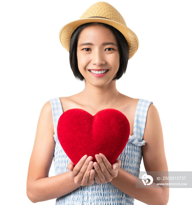 Happy young Asian woman in a blue dress holding red hearts and smiling on screen background, PNG tra