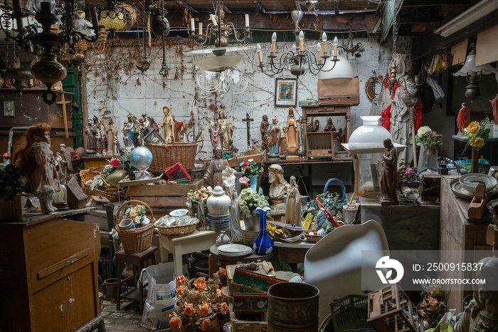 Religous statues in fleamarket. Secondhand shop. Gulpen Limburg Netherlands.