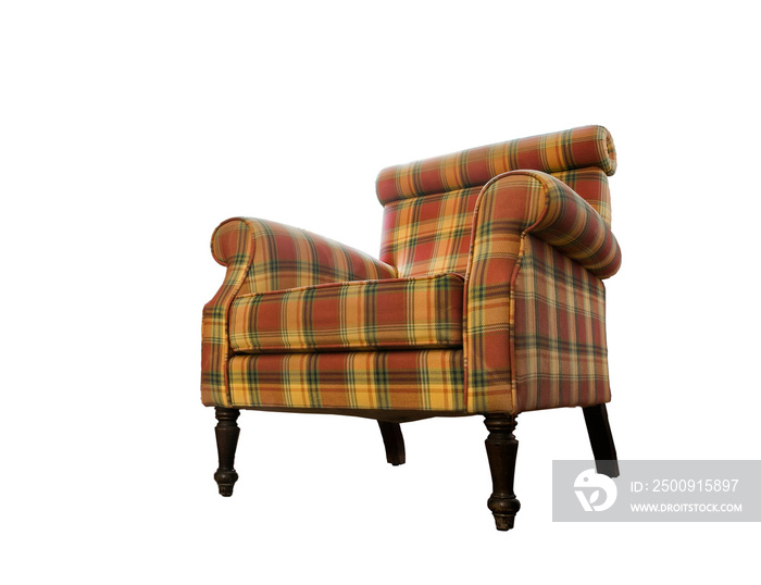 Old fashioned plaid arm chair, low vintage point, transparent PNG.