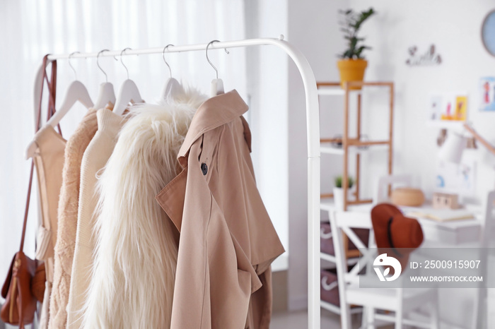 Rack with stylish female clothes in dressing room