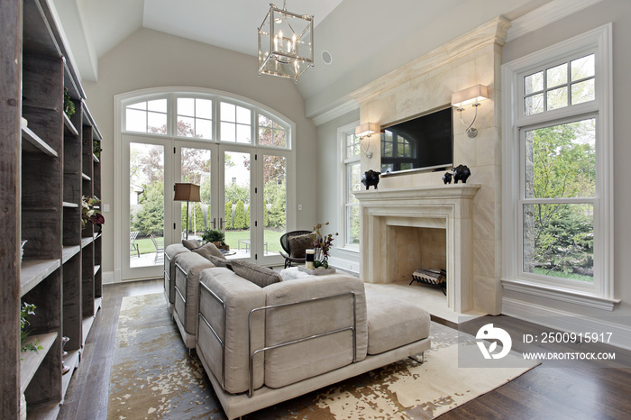 Family room with marble fireplace