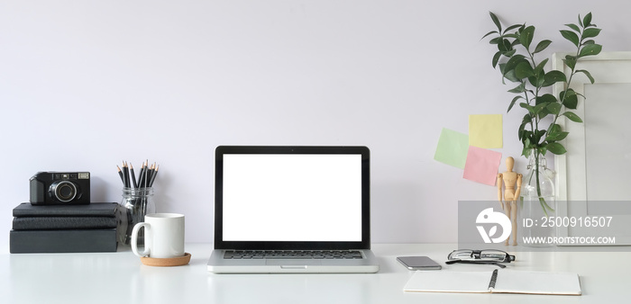 Workspace desk and laptop. copy space and blank screen. Business image, Blank screen laptop and supp