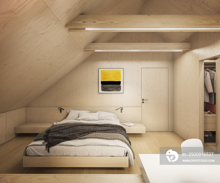 Interior of a modern plywood bedroom with dressing.room showcase