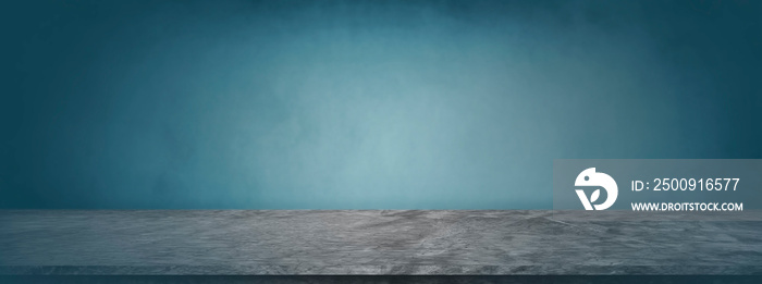 cement table for showroom and present product on dark blue wall  banner and blank concrete backdrop 