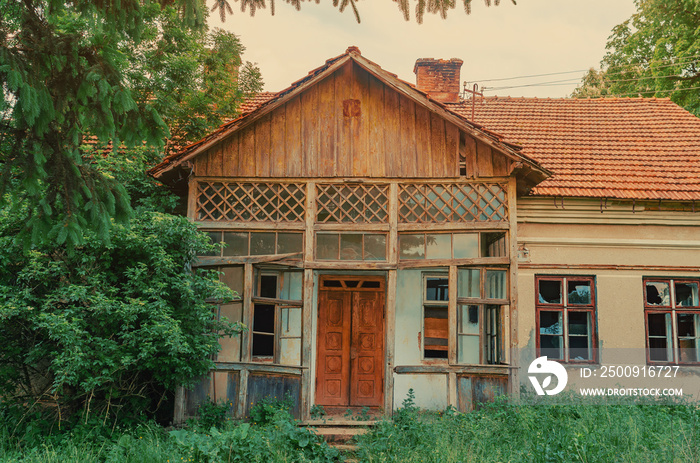 Old abandoned house overgrown with trees and grass