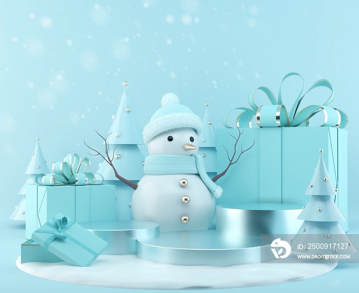 Blue Snowman standing with Gift box on Christmas background, 3d rendering scene podium display with 
