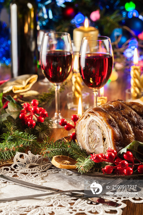 Traditional italian porchetta on festive table