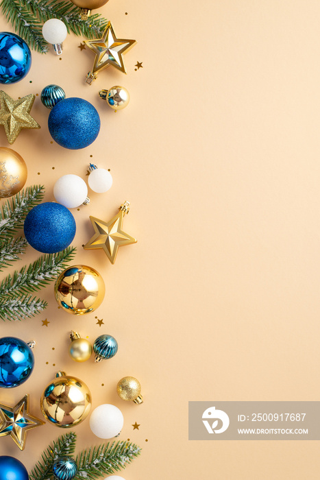 Christmas tree decorations concept. Top view vertical photo of spruce branches in snow star ornament