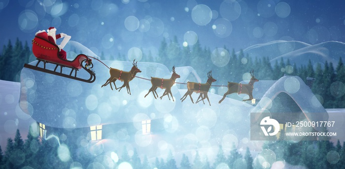 Composite image of side view of santa claus riding on sleigh