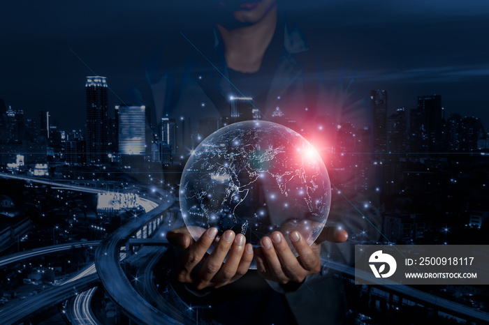 Businessman holding in hands with 3D graphic model of globe for global network connection and techno