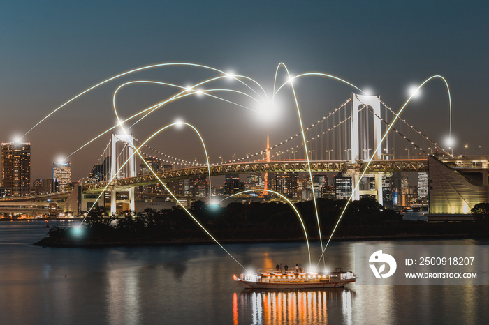 Tokyo city from odaiba and rainbow bridge network connection concept with cool tone and tokyo tower 