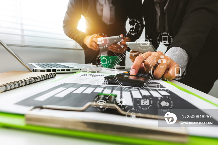 Working team meeting concept,businessman using smart phone and laptop and digital tablet computer in