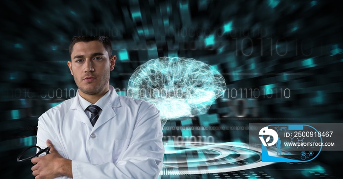 Composition on male doctor over screen with digital human brain and medical data processing