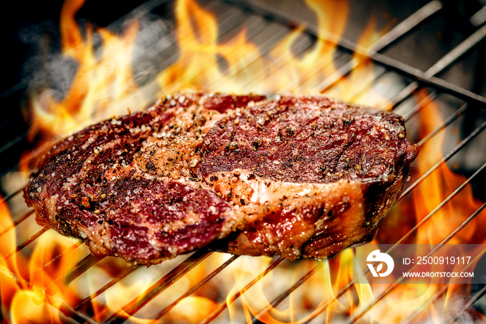 Hot spicy steak grilling on a summer barbecue over the hot coals garnished.