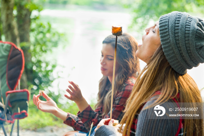 Profile of Young Adult Girl Holding Stick With Roasted Marshmallow Outdoors