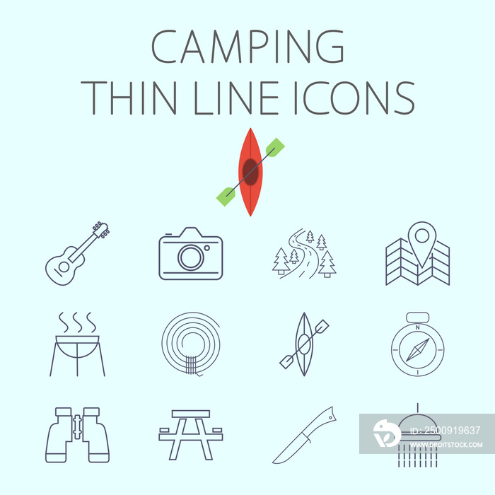 Camping thin line icon for web and mobile applications. Set includes - binoculars, guitar, cam, road