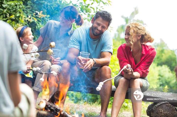 Happy family sitting with woman while roasting marshmallows over burning campfire at park