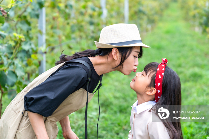 快乐的母女在果园采摘葡萄