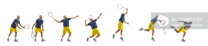 Gameplay. Young caucasian professional sportsman playing tennis on white background, collage, motion of ball’s hit in dymanic. Power and energy. Movement, ad, sport, healthy lifestyle concept. Artwork