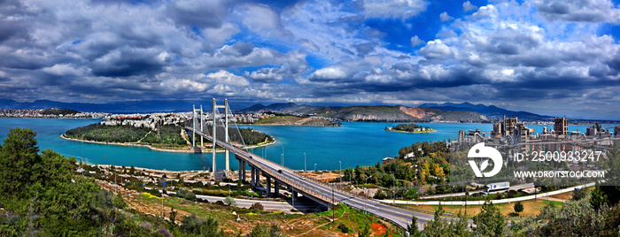 EVIA ISLAND, GREECE. The High Bridge of Evripos and Chalkis ( Chalkida ) town.