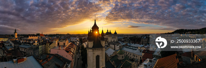 View on  Armenian Cathedral of the Assumption of Mary from drone in Lviv, Ukraine