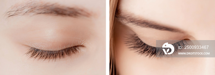 Eyelash extension procedure before and after. Beautiful woman with long lash in beauty salon