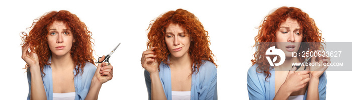 Set of sad woman displeased with her red curly hair on white background