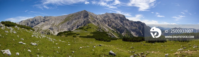 Panoramic view to peaks Schrocken and Pyhrner Kampl at Totes Gebirge moutains in Alps, Austia