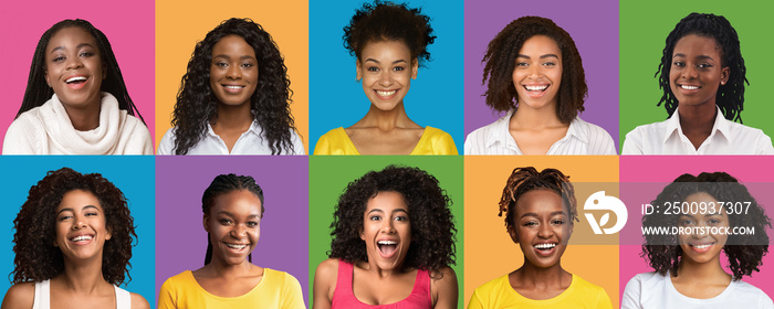 Beautiful black ladies smiling on diverse backgrounds, collection