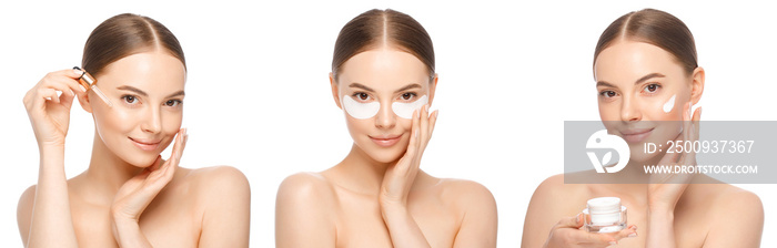 Collection of woman beauty routine. Facial skin care with face cream, serum and eye patch set isolated on white background