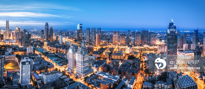 Aerial photography of Tianjin city building skyline night view