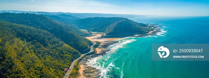 Aerial panorama of Great Ocean Road on bright sunny day